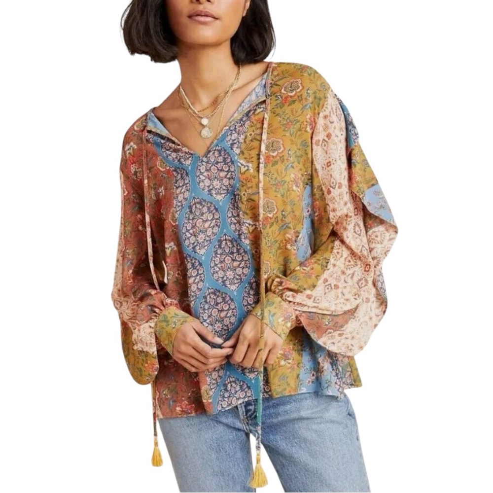 Sachin & Babi Anthro Boho Mixed Print Ruffle Trim Blouse Ties Tassels size XS